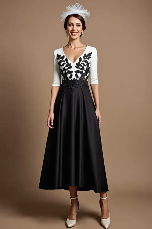 Black and White A Line Satin Midi Mother of the Bride Dress with Appliques sold by Zapaka