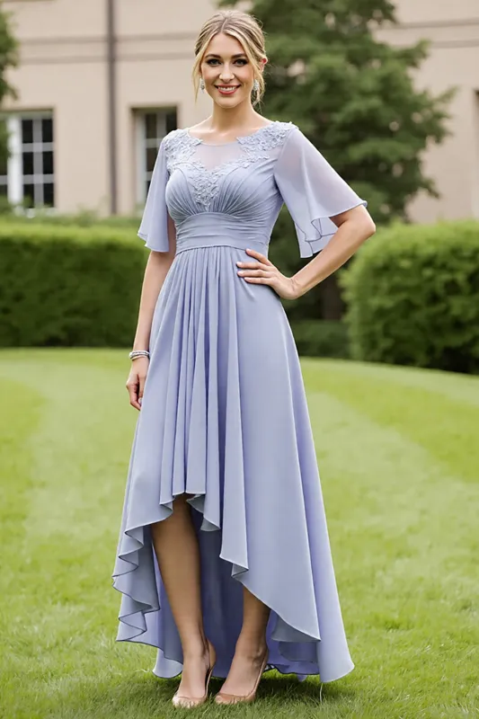 Grey Blue Chiffon Appliqued High Low Mother of the Bride Dress with Short Sleeves sold by Zapaka