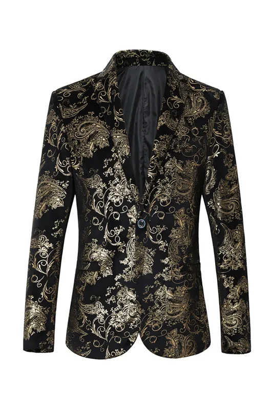 Black Golden Jacquard Shawl Lapel One Button Men's Tuxedo Blazer sold by Zapaka