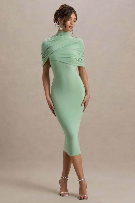 Cecille | Light Green Midi Dress With Cape Sleeve Detail sold by Club L London