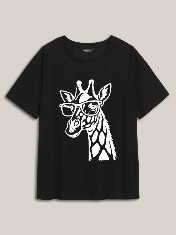 Giraffe Print Round Neck T-Shirt sold by Bloomchic