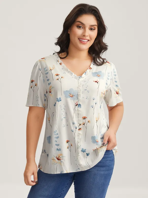 Floral Print Ruffled Placket Blouse sold by Bloomchic