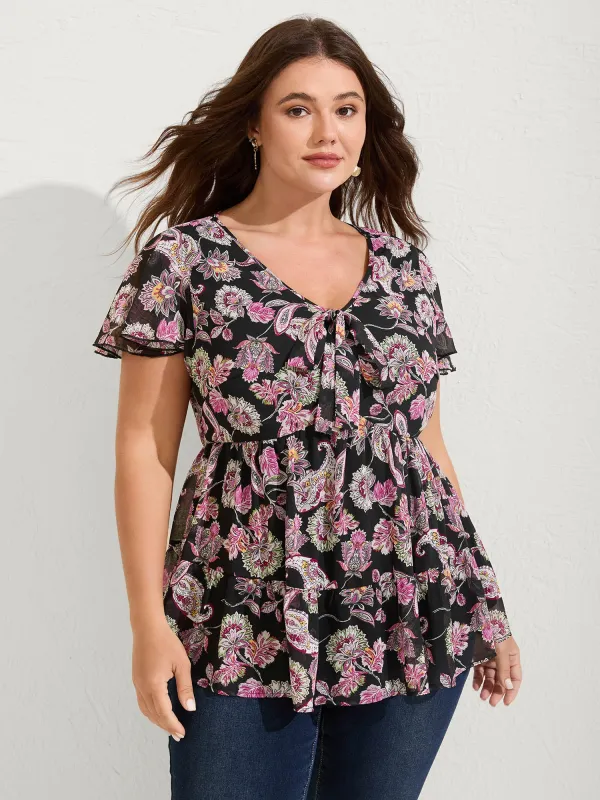 Floral Paisley Print Ribbon Tie Blouse sold by Bloomchic