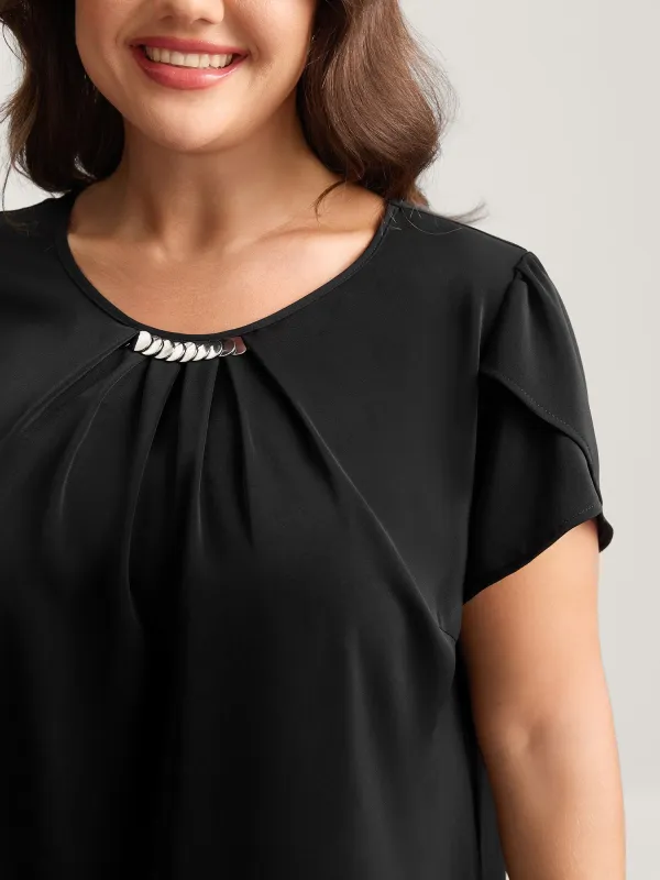 Metallic Detail Pleated Solid Blouse sold by Bloomchic