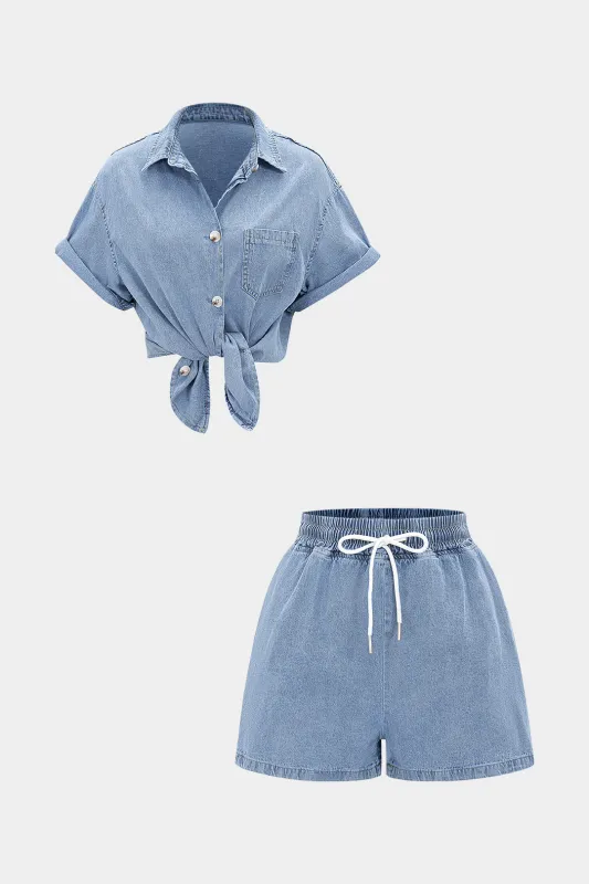 Denim knaplommetank top og tegnehorts shorts sold by Micas