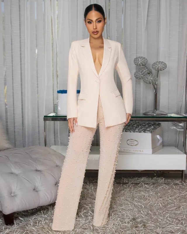 Alice Nude Blazer & Mesh Pearl Pants Set sold by Chic Couture