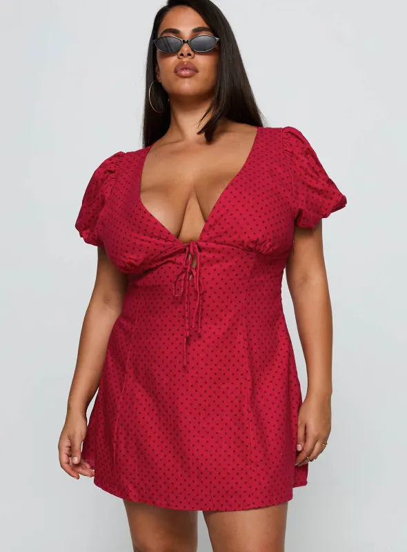 Beloved Puff Sleeve Linen Blend Mini Dress Red Polka Curve sold by Princess Polly
