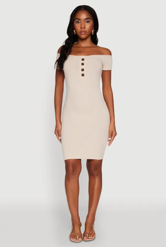Rib Knit Faux Button Off Shoulder Bodycon Dress sold by Rainbow