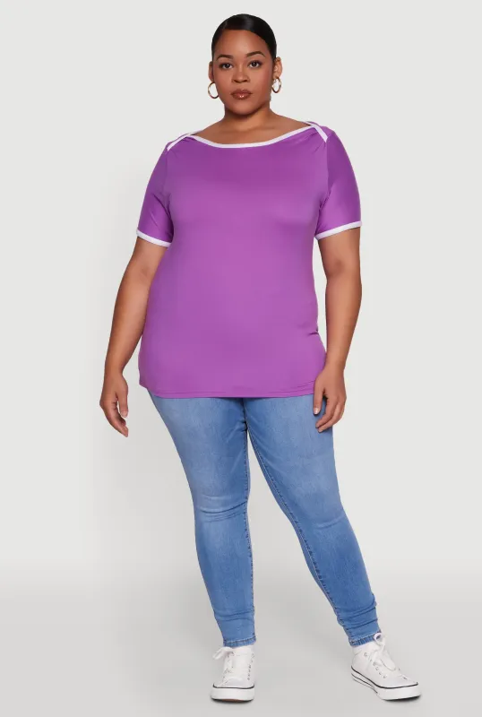 Plus Size Contrast Trim Short Sleeve Top sold by Rainbow