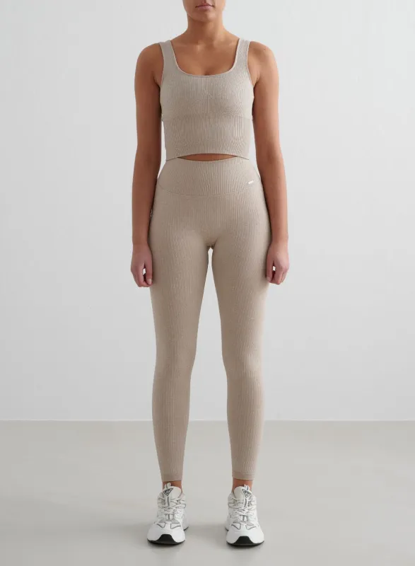 Beige Melange Ribbed Seamless Tights & Bralette Set sold by Aimn