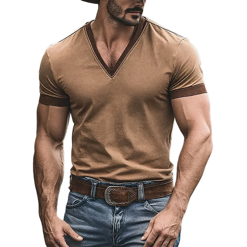 Men's Retro Casual Cotton Colorblock Washed V-Neck Short Sleeve T-Shirt MTA2207E9TO sold by Manly