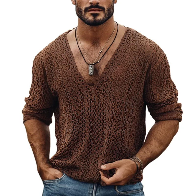 Men's Fashion Knit Hollow Out V Neck Long Sleeve Casual Sweater T-shirt  MTA2162E8Z sold by Manly