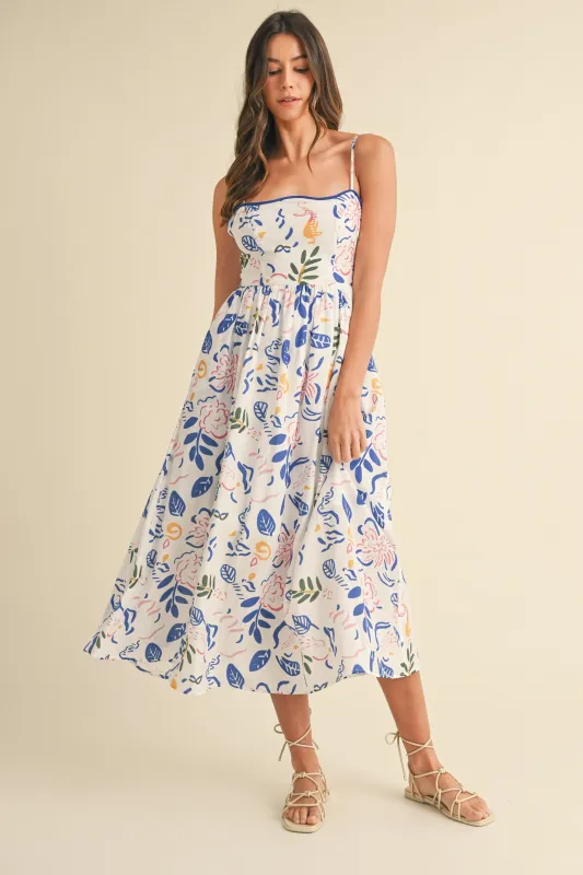 Ivory/Blue Leaf Printed Contrast Piping Detail Midi Dress sold by Pinkblush