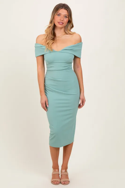 Light Olive Off Shoulder Fitted Midi Dress sold by Pinkblush