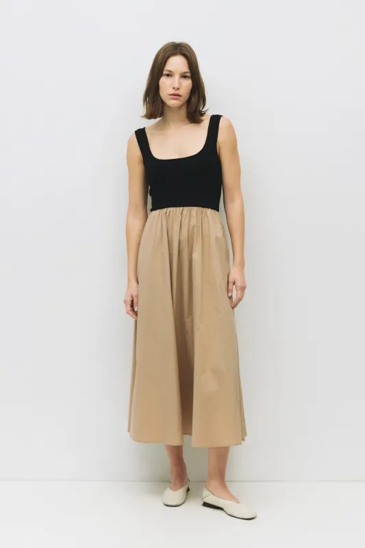 Beige Black Contrast Knit Poplin Sleeveless Midi Dress sold by Pinkblush