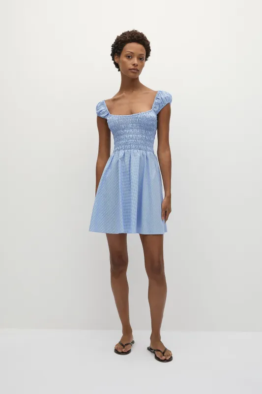 Lene Mini Dress Micro Gingham Soft Blue sold by Faithfull the Brand