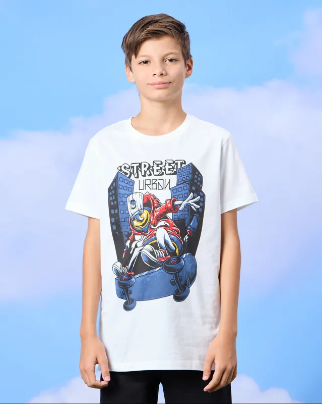 Senior Boys White Skate Board Print T-Shirt sold by Redtag