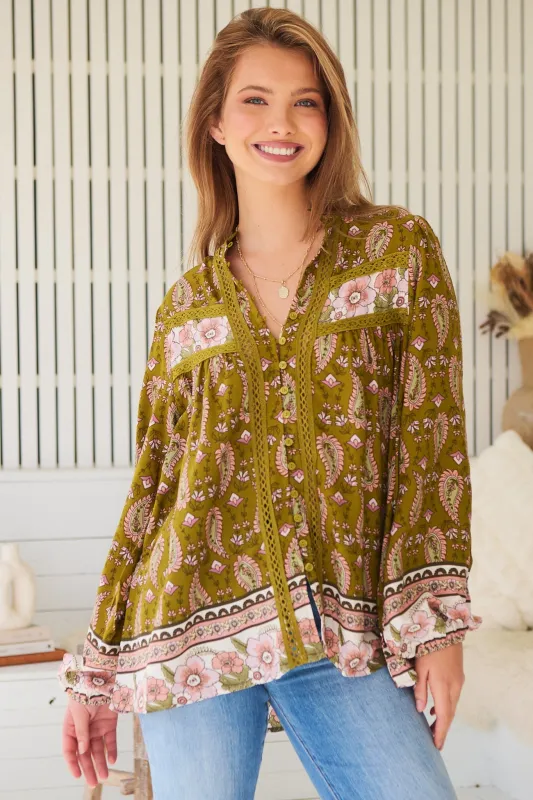 Bee Blouse - Lace Decal Button Down Long Sleeve Blouse in Amalie Print sold by Salty Crush
