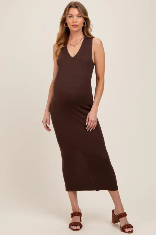 Brown Knit Collared Deep V-Neck Maternity Maxi Dress sold by Pinkblush