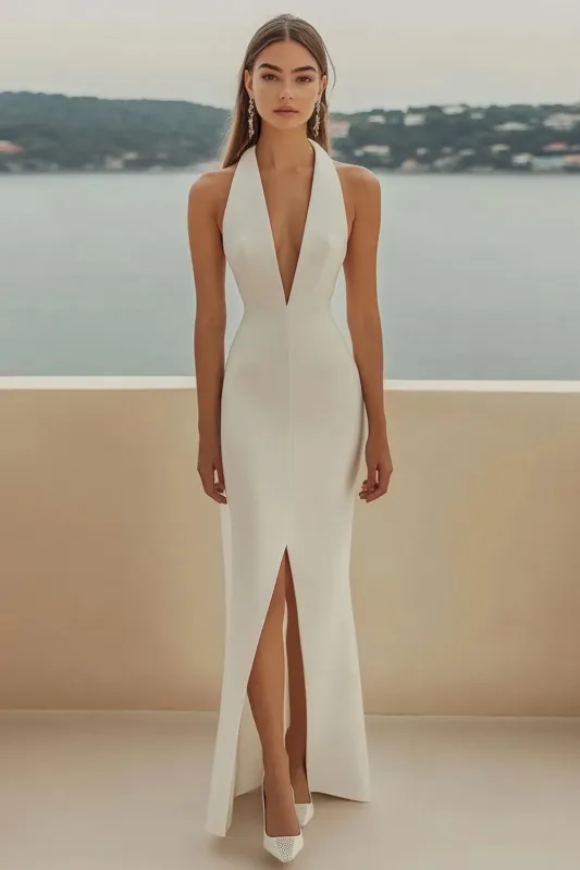 Ivory Satin Sheath Deep V-Neck Long Formal Dress with Slit sold by Zapaka