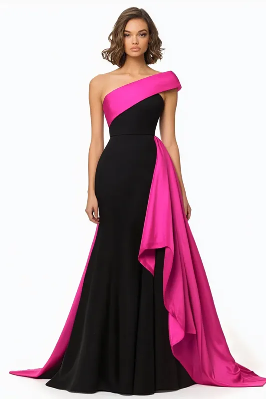 Black and Fuchsia One Shoulder Ruffled Evening Dress sold by Zapaka