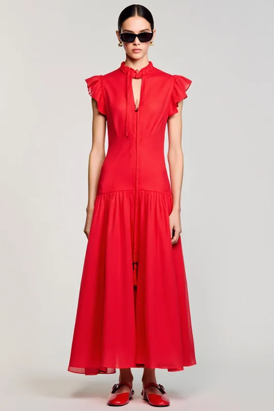 Ruffled Sleeves A Line Red Chiffon Wedding Guest Dress sold by Zapaka