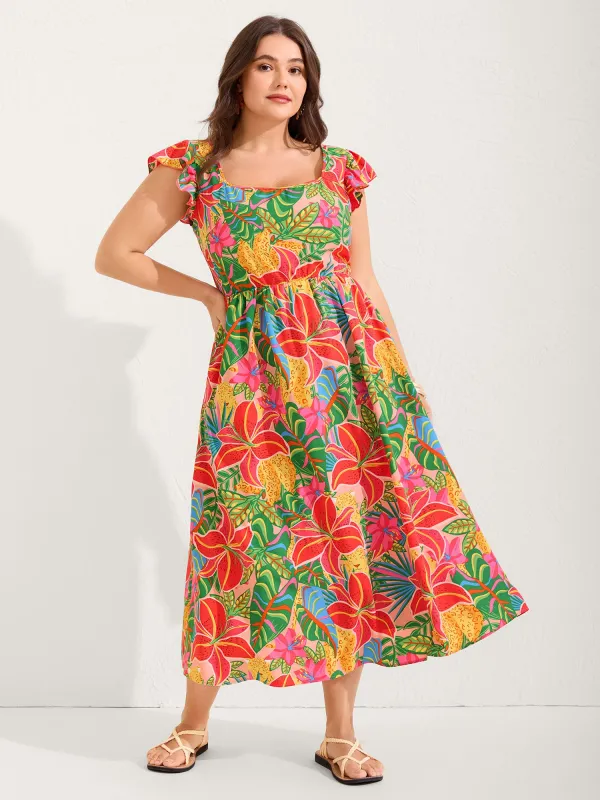 Bright Floral Print Pockets Flutter Midi Dress sold by Bloomchic