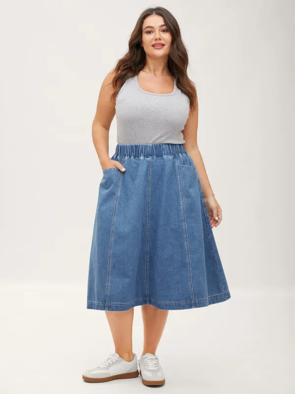 Stretchy Waistband Pockets Denim Skirt sold by Bloomchic