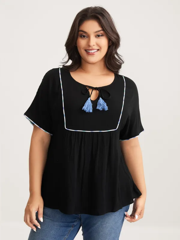 Textured Color Contrast Tassels Blouse sold by Bloomchic