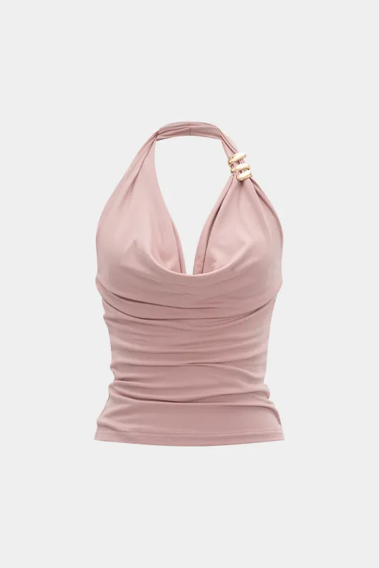 Metallic Decor Cowl Neck Halter Ruched Backless Cami Top sold by Micas