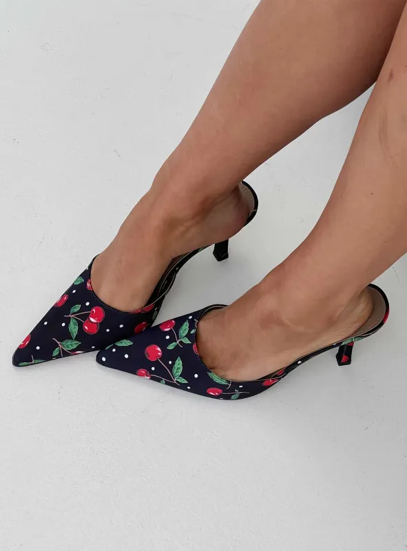 Cherry Season Pointed Toe Heels Black Multi sold by Princess Polly