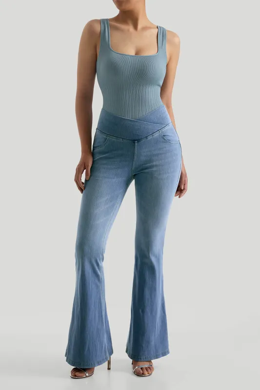 Shaping Bodysuit & Crossover Waist Flare Denim Set sold by MOOSLOVER