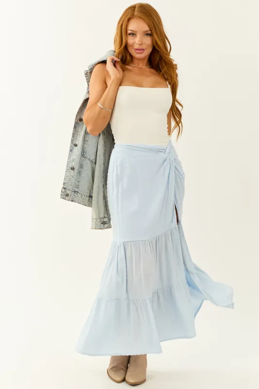 Sky Blue Tiered Swiss Dot High Slit Maxi Skirt sold by Lime Lush