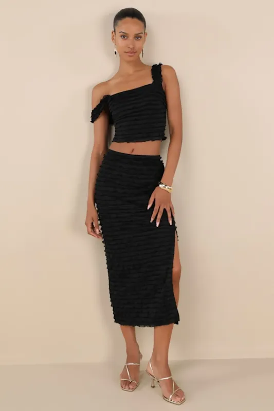 Arcelia Black Ruffled High-Rise Midi Skirt sold by Lulus