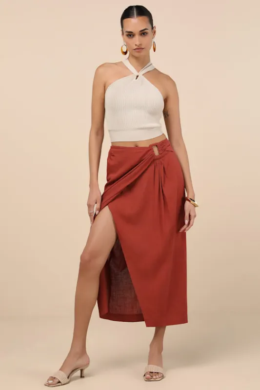 Sibilla Rust Cutout Faux-Wrap Midi Skirt sold by Lulus