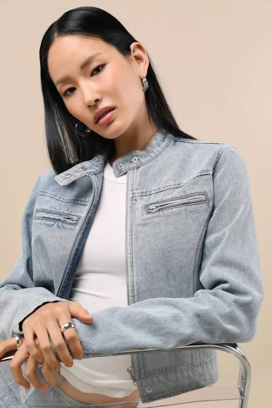 Khine Light Wash Denim Moto Jacket sold by Lulus