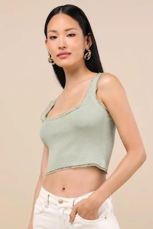 Josepha Sage Ribbed Knit Ruffled Crop Tank Top sold by Lulus