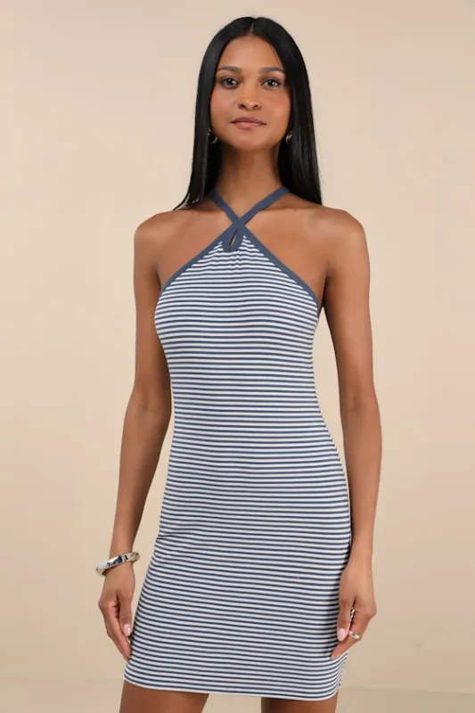 Maveline Blue Striped Ribbed Knit Halter Mini Dress sold by Lulus