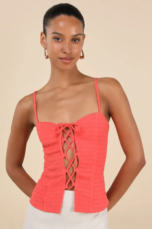 Annelie Coral Textured Knit Lace-Up Tank Top sold by Lulus