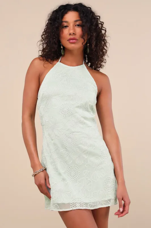 Letitia Light Sage Embroidered Halter Mini Dress sold by Lulus