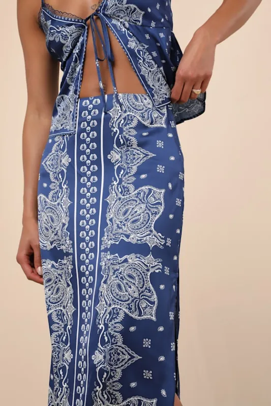 Calypso Blue Banadana Print Satin Midi Skirt sold by Lulus