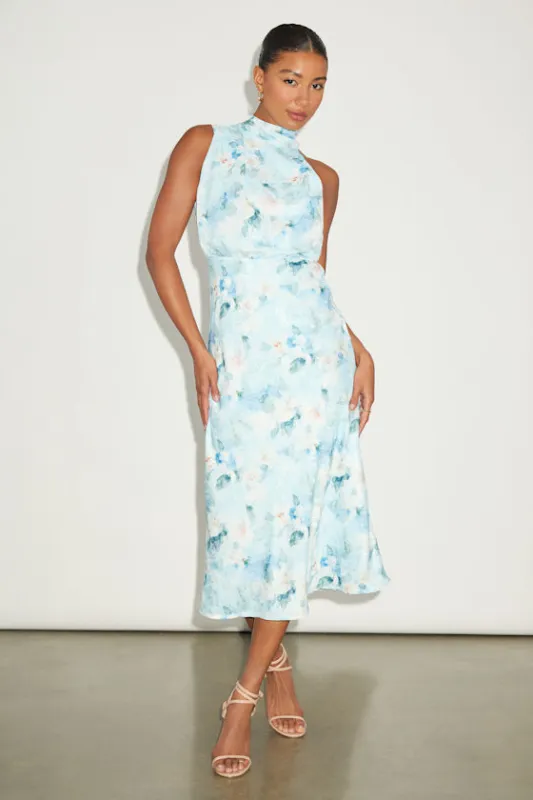 Distinctive Charm Blue Floral Satin Asymmetrical Midi Dress sold by Lulus