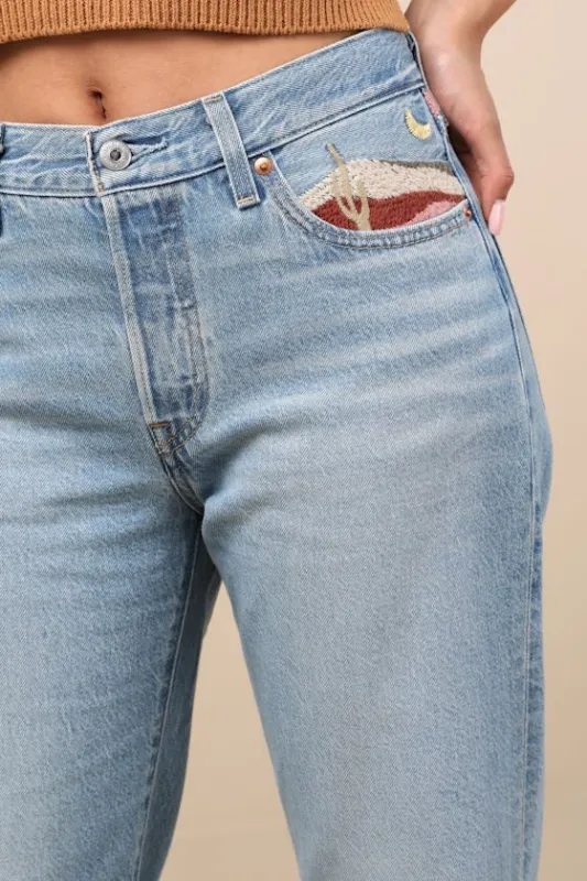 501 90's Ankle Light Wash Embroidered Straight Leg Jeans sold by Lulus