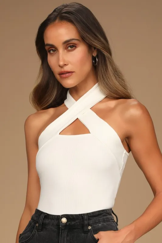 Essential Energy White Ribbed Sleeveless Cutout Cross-Front Top sold by Lulus
