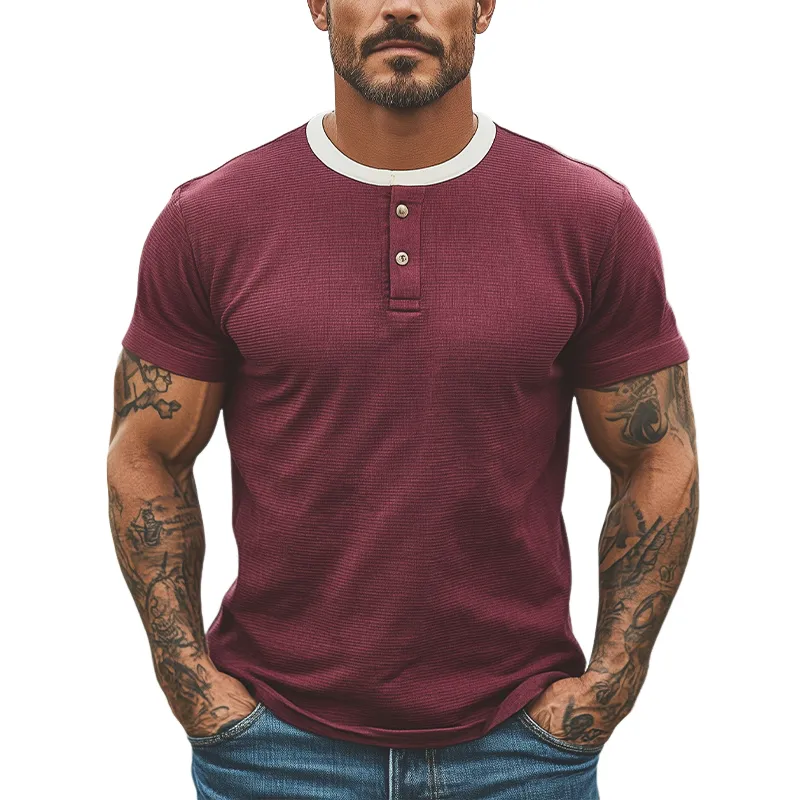 Men's Summer New Casual American Retro Western Tough Style Henry Collar Slim Fit Knitted Short-sleeved T-shirt  MTA2724E2K sold by Manly