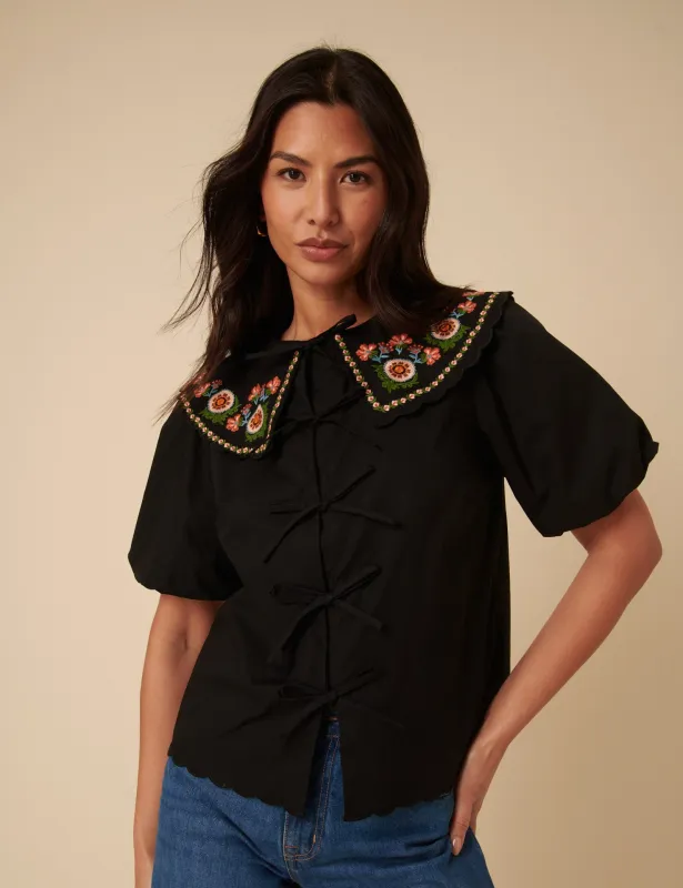 Black Floral Embroidered Tie Front Blouse sold by Nobody's Child