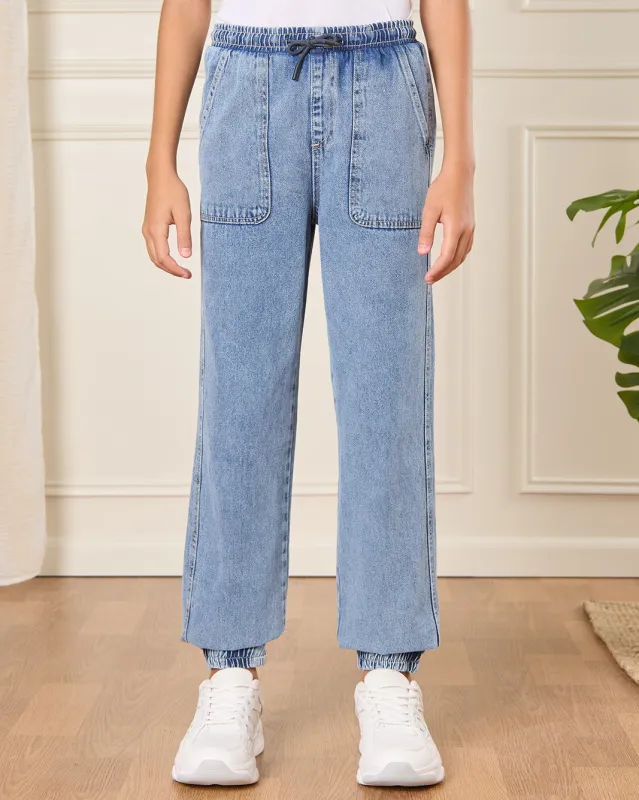 Senior Boys Blue Wash Denim Jogger sold by Redtag