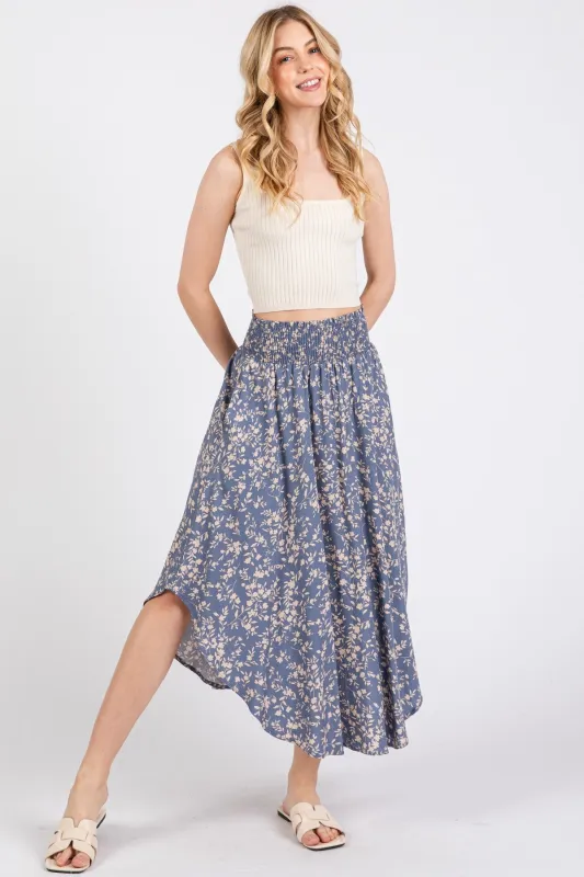 Blue Floral Smocked Waist Skirt sold by Pinkblush