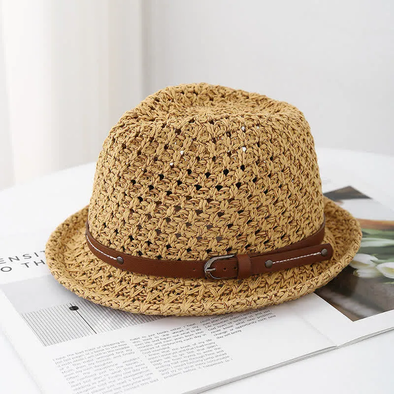 Men's Decorative Leather Strap Hollow Out Straw Fedora Hat sold by FloralTrip