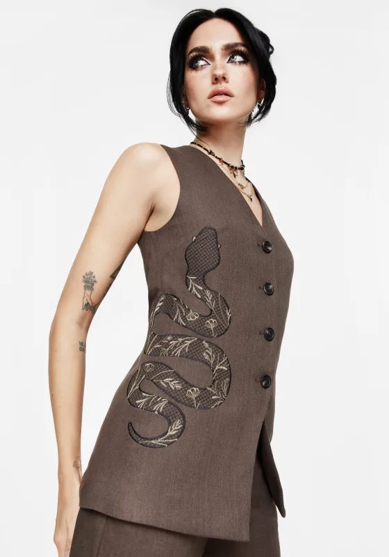 Gaia Linen Blend Snake Embroidered Longline Waistcoat sold by Disturbia